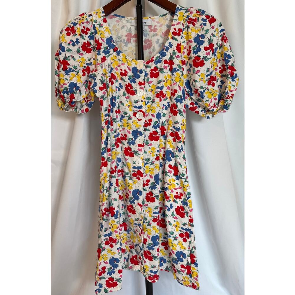 Floral Puff Sleeve Linen Mini Dress Button Down Size 0 Floral Spring/Summer